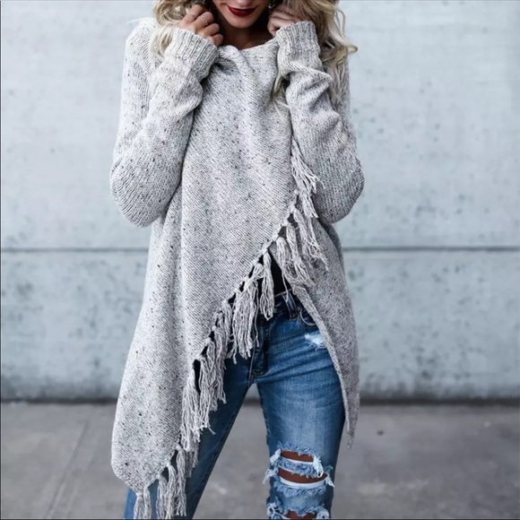 Sweaters - RESTOCKED! Grey Poncho Cardigan w/ Fringe Tassel
